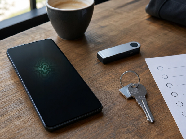 An unbranded Android phone on a café table with a security settings checklist, biometric icon represented as a generic glow and a second recovery device, no logos or text