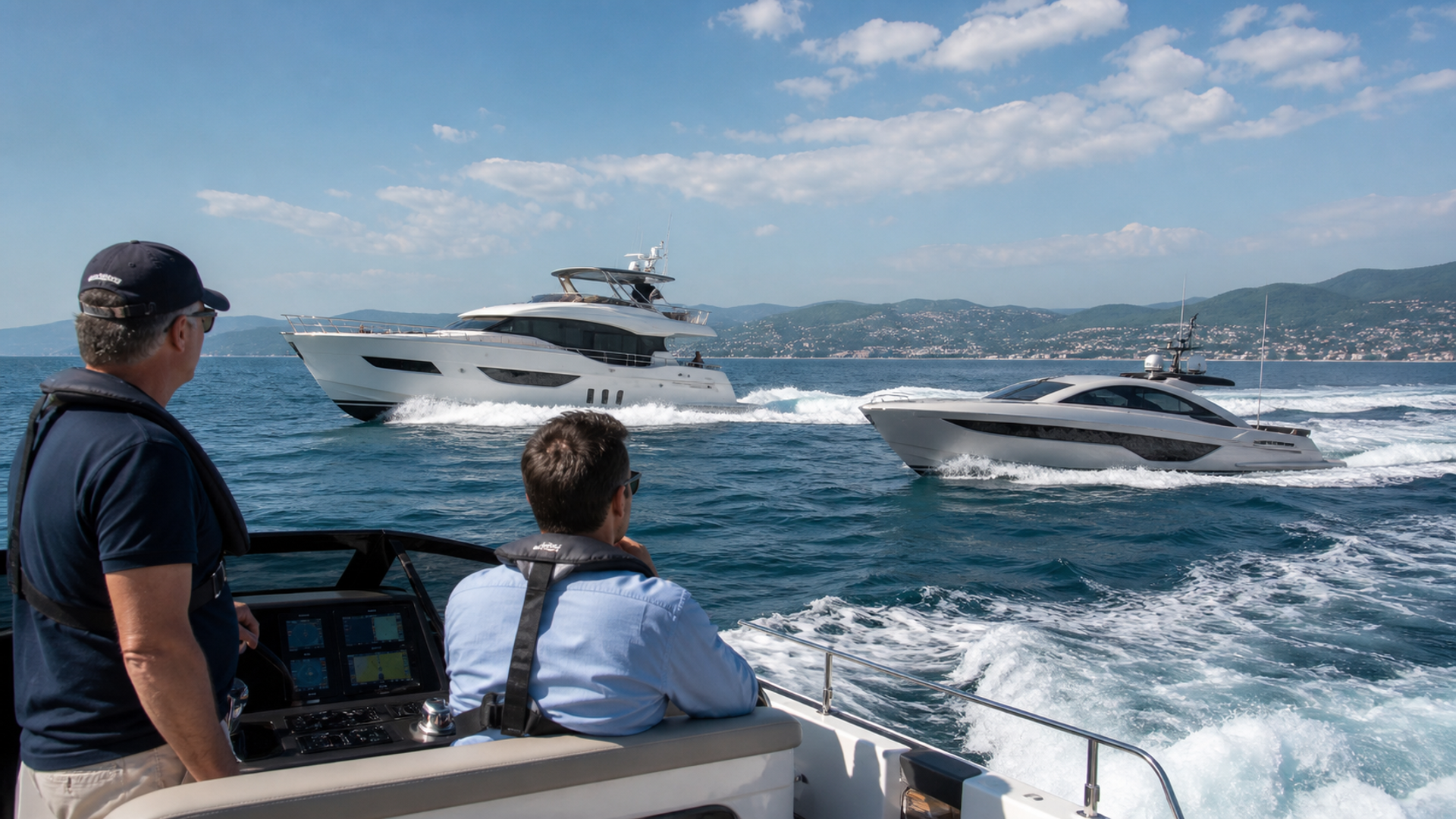 A buyer and captain comparing a flybridge yacht with a performance motor yacht during a sea trial