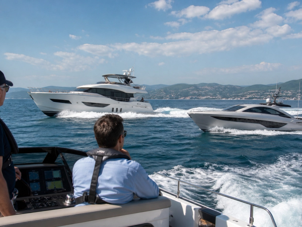 A buyer and captain comparing a flybridge yacht with a performance motor yacht during a sea trial