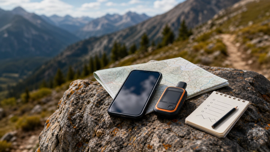 A smartphone and compact satellite communicator on a rocky trail beside a paper route and emergency checklist