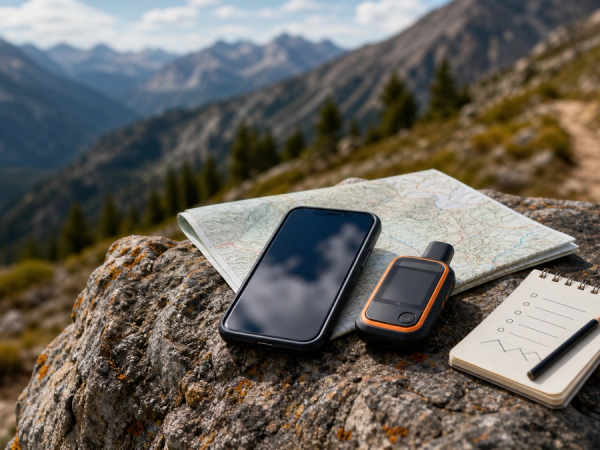 A smartphone and compact satellite communicator on a rocky trail beside a paper route and emergency checklist