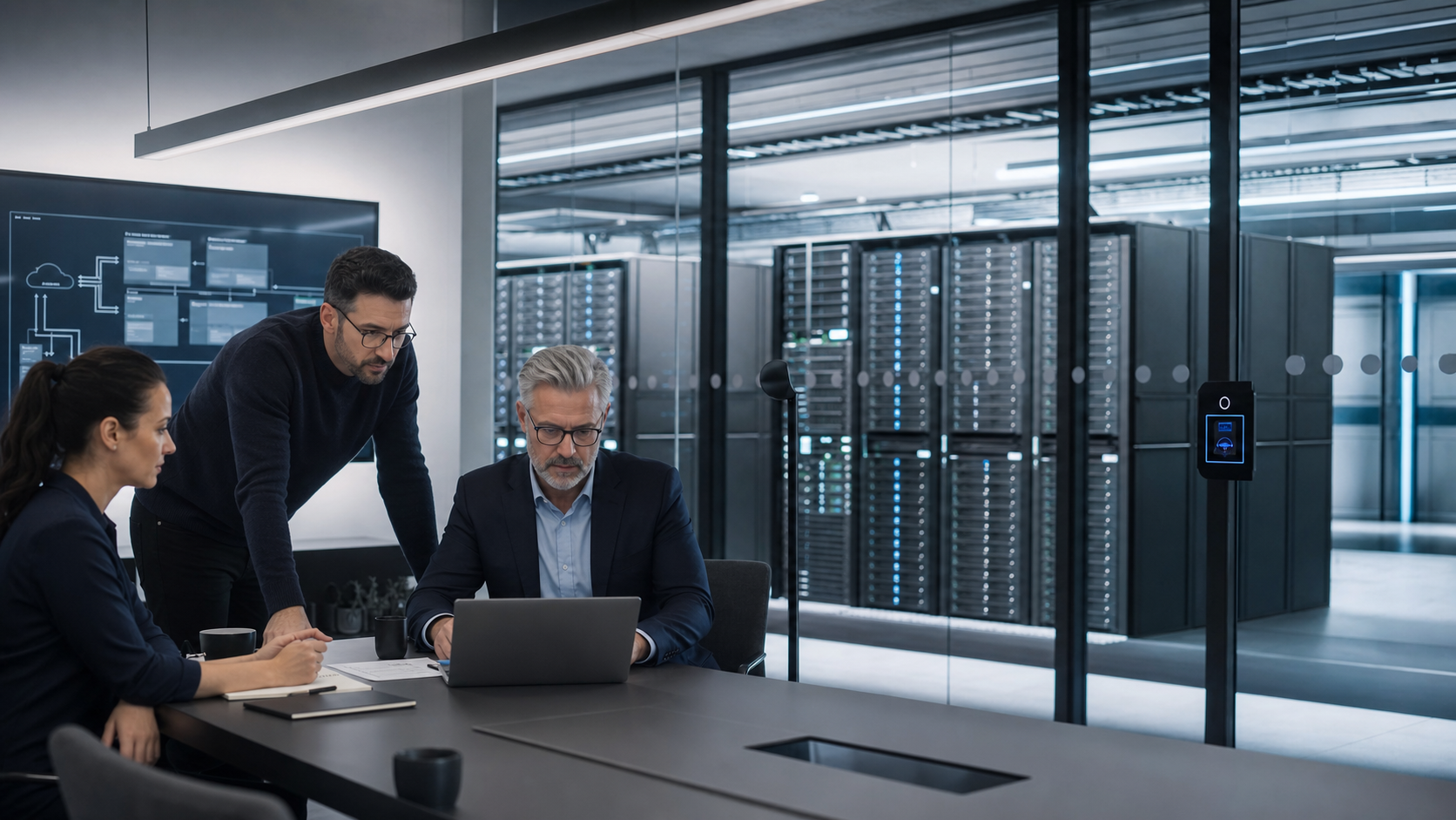Private AI server infrastructure connected to a controlled executive workstation