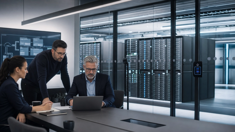 Private AI server infrastructure connected to a controlled executive workstation