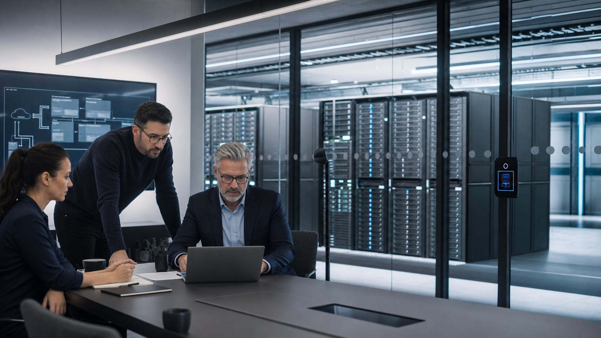 Private AI server infrastructure connected to a controlled executive workstation