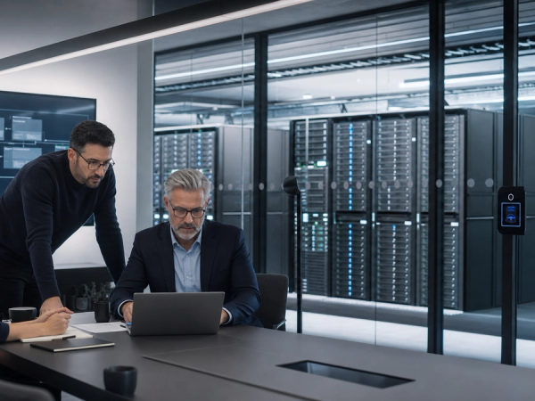 Private AI server infrastructure connected to a controlled executive workstation
