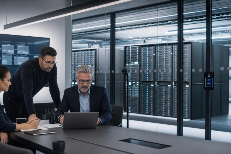 Private AI server infrastructure connected to a controlled executive workstation