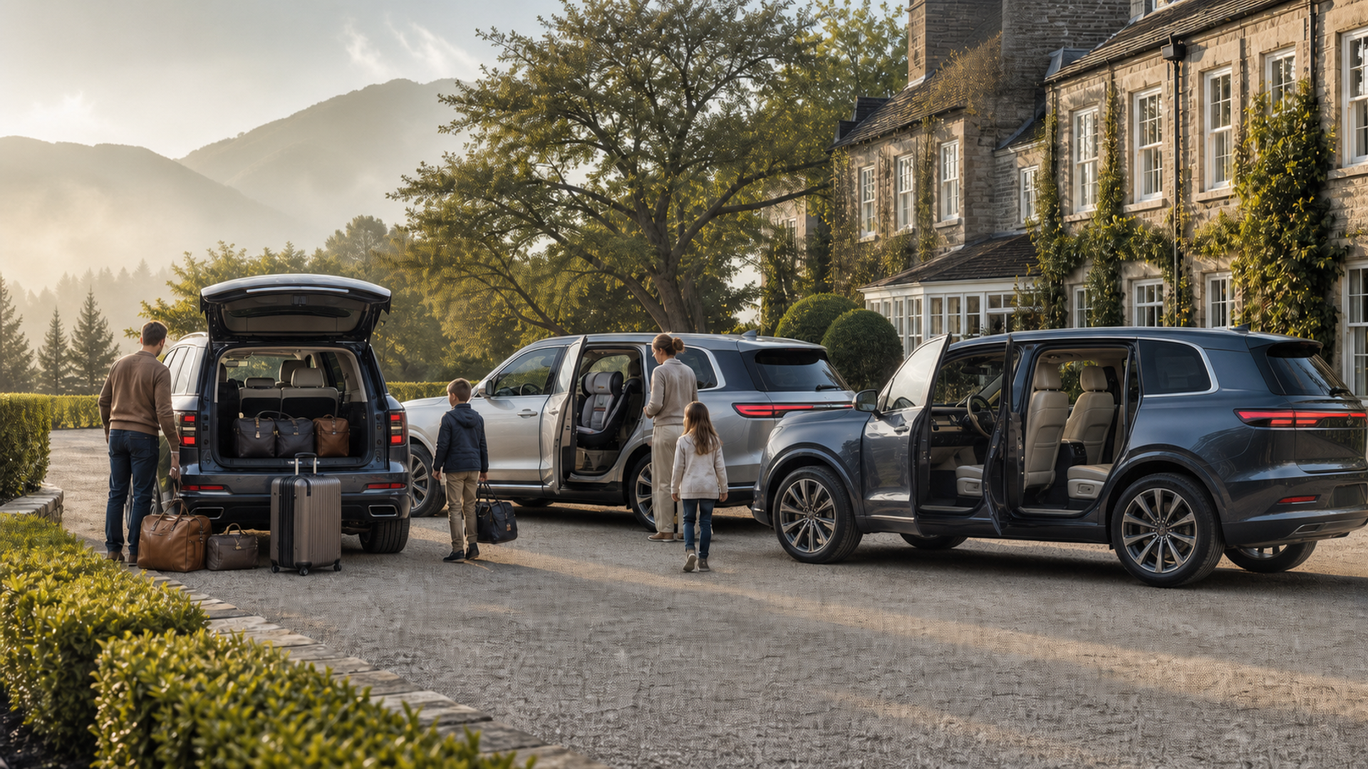 Three unbranded luxury family SUVs with child seat, luggage and rear-seat detail