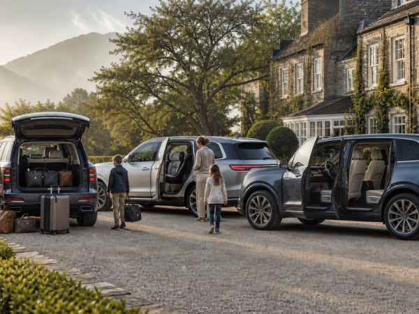 Three unbranded luxury family SUVs with child seat, luggage and rear-seat detail