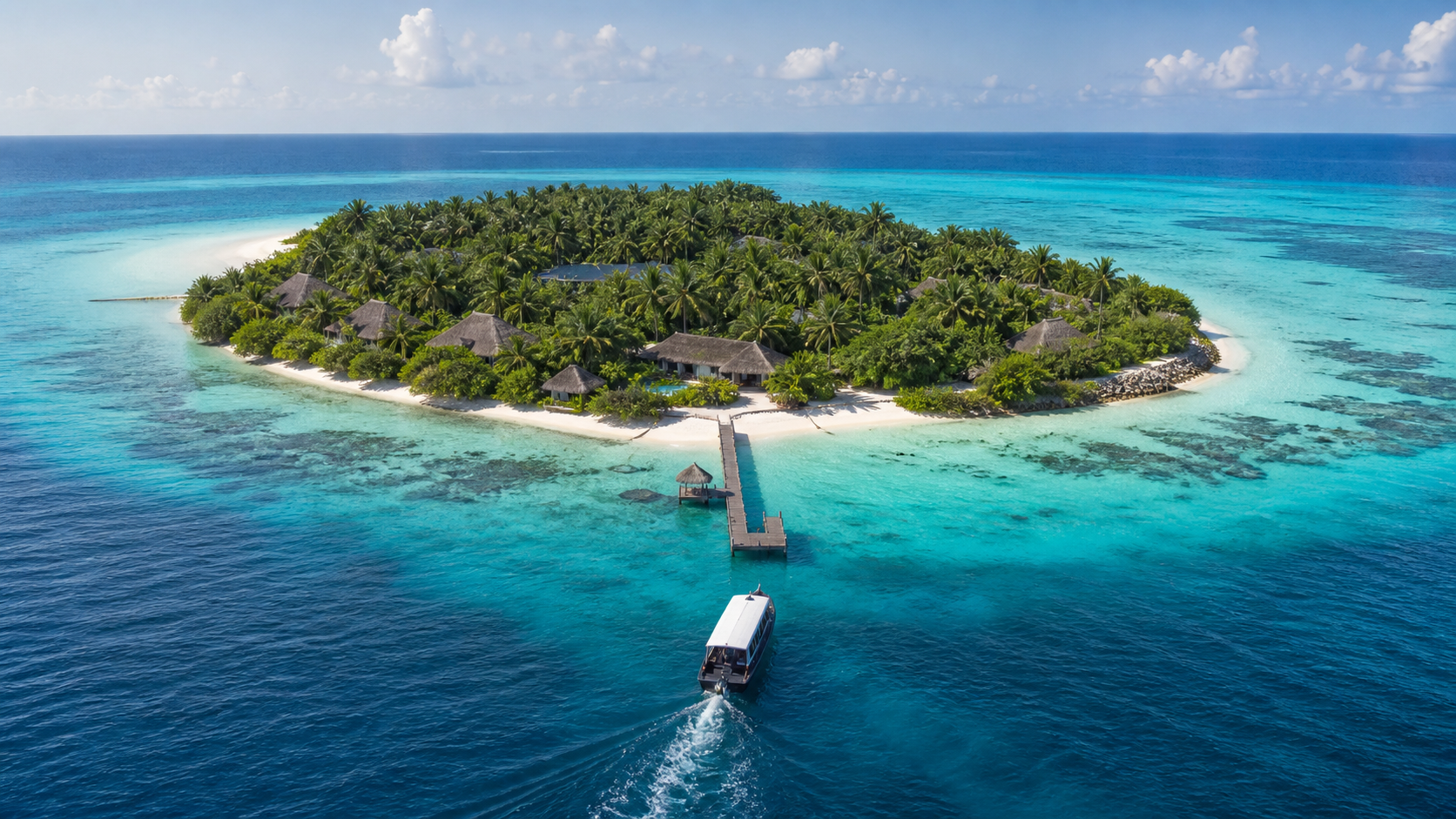 aerial photograph of a real tropical private-island resort arrival: one small jetty