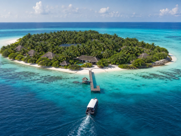 aerial photograph of a real tropical private-island resort arrival: one small jetty