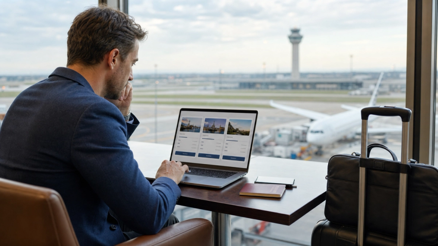 Business traveller comparing flexible long-haul fares on a laptop beside a carry-on