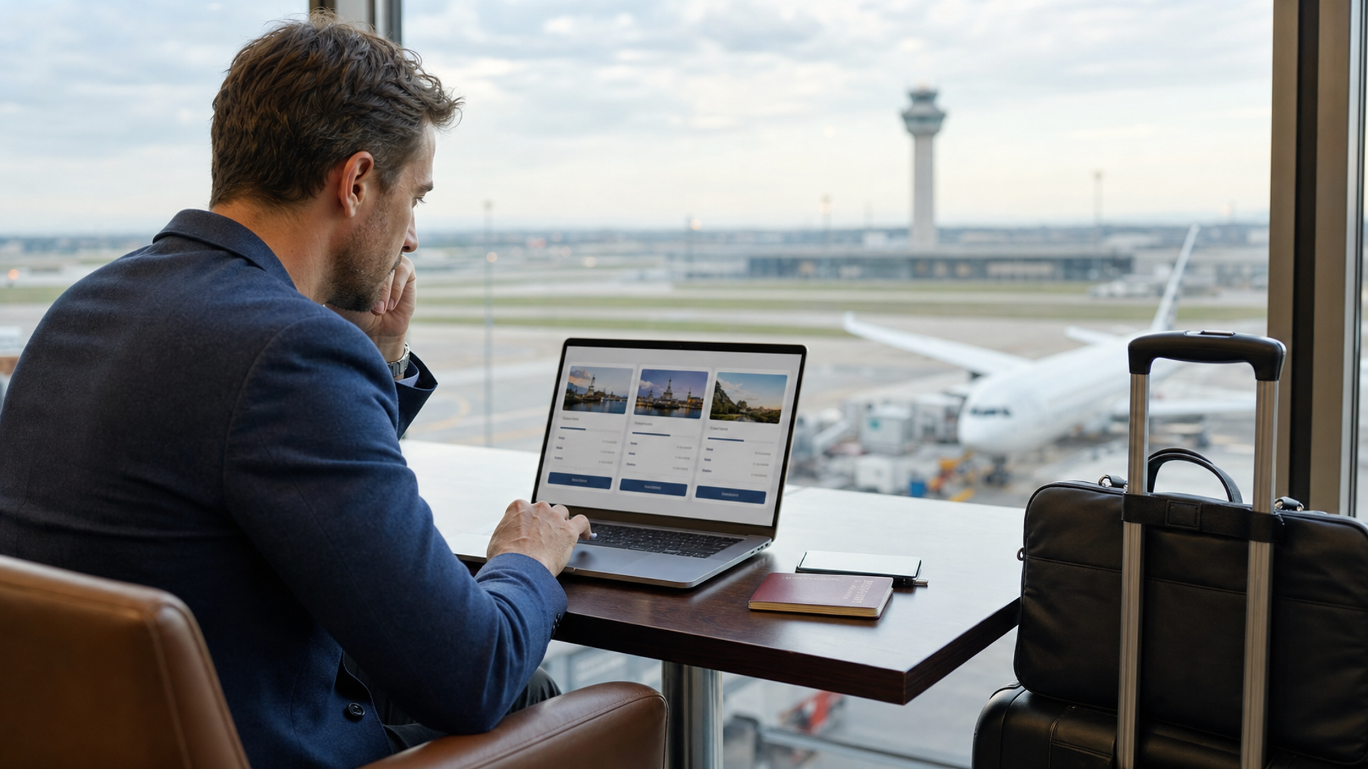 Business traveller comparing flexible long-haul fares on a laptop beside a carry-on