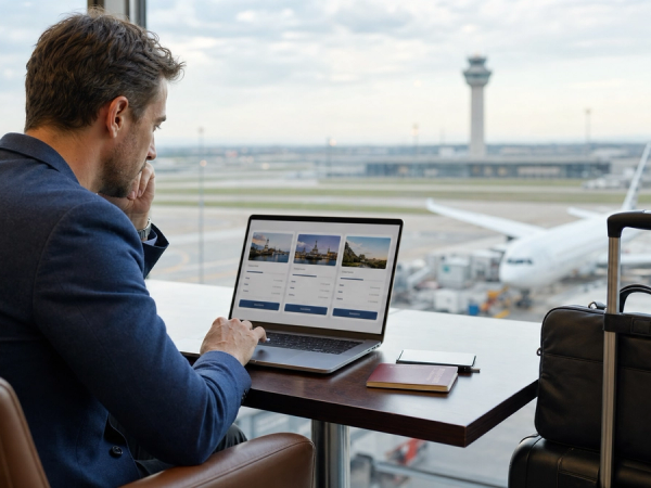 Business traveller comparing flexible long-haul fares on a laptop beside a carry-on