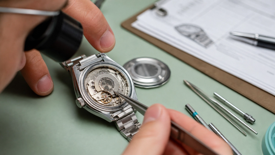 Professional watchmaker inspecting a luxury dive watch for authenticity