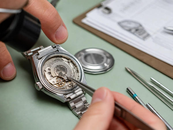 Professional watchmaker inspecting a luxury dive watch for authenticity