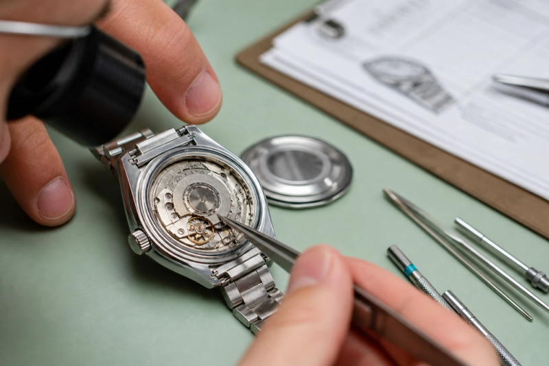 Professional watchmaker inspecting a luxury dive watch for authenticity