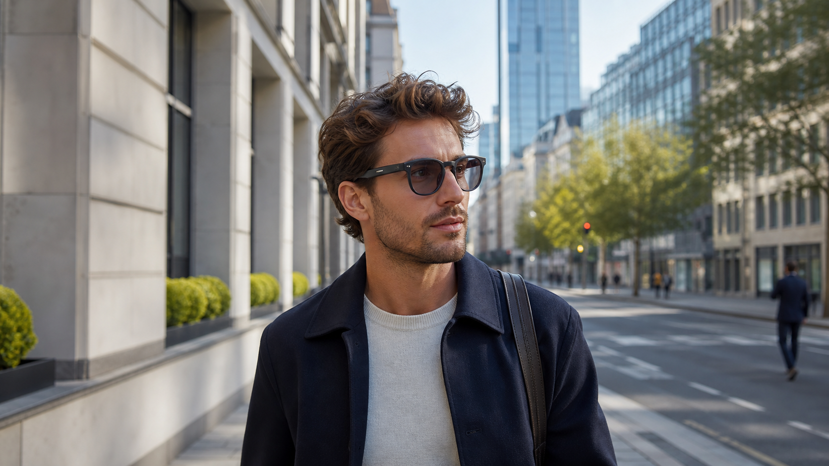 A person wearing slim unbranded intelligent eyewear while navigating a city street hands-free