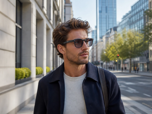 A person wearing slim unbranded intelligent eyewear while navigating a city street hands-free