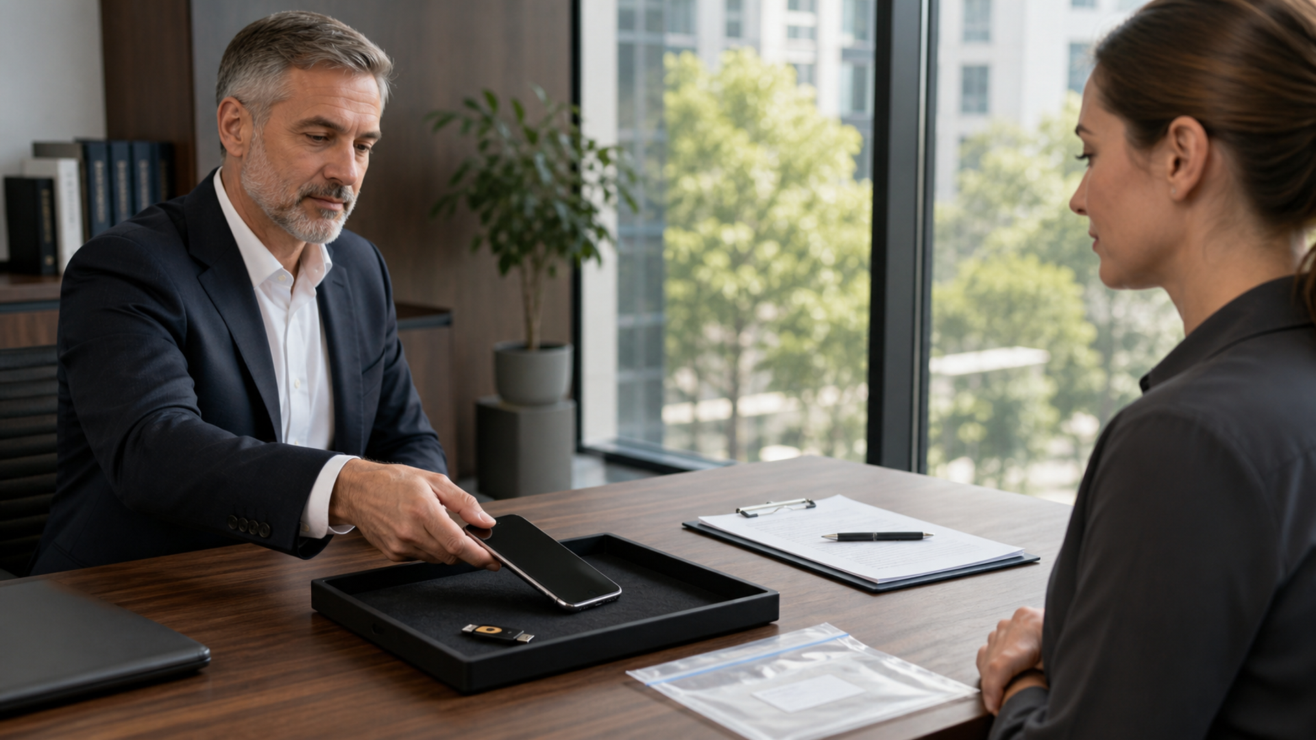 Executive handing an unbranded phone to security staff using a controlled return tray