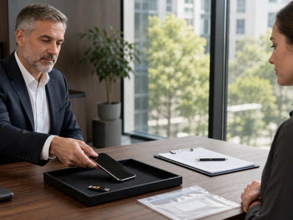 Executive handing an unbranded phone to security staff using a controlled return tray