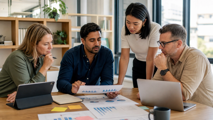 Australian office workers examining an employment report beside practical AI tools