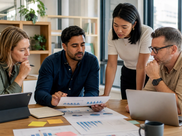 Australian office workers examining an employment report beside practical AI tools