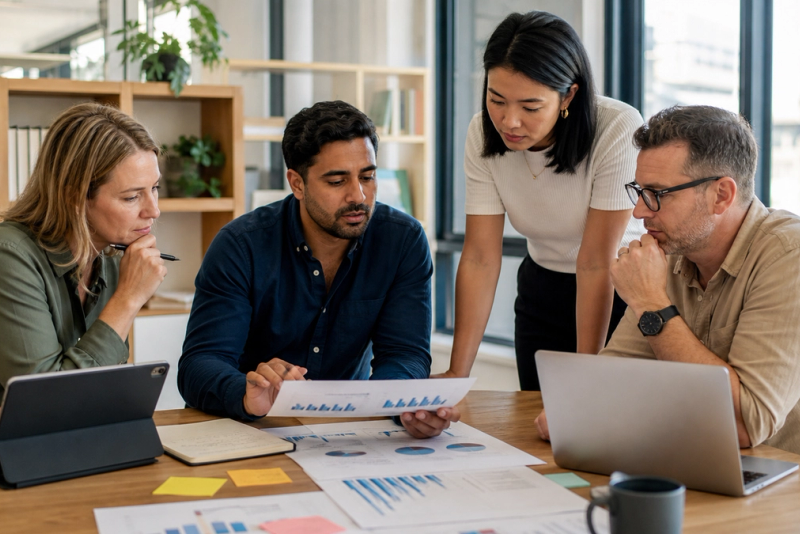 Australian office workers examining an employment report beside practical AI tools