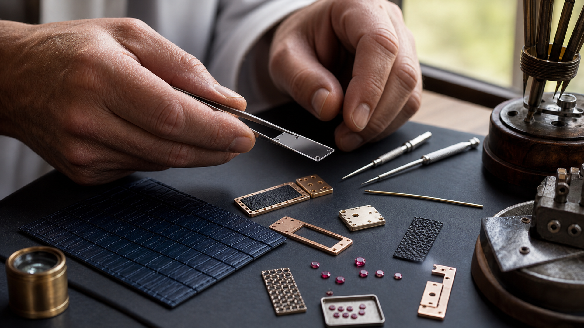 An elegant keypad phone silhouette and a jewelled serpent-inspired collectible phone silhouette displayed separately under museum lighting with provenance folders, no logos, no false product detail and no text