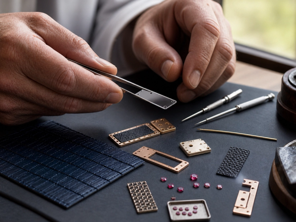 An elegant keypad phone silhouette and a jewelled serpent-inspired collectible phone silhouette displayed separately under museum lighting with provenance folders, no logos, no false product detail and no text