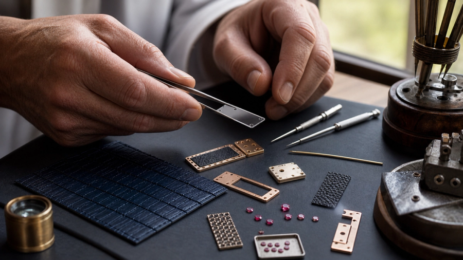 An elegant keypad phone silhouette and a jewelled serpent-inspired collectible phone silhouette displayed separately under museum lighting with provenance folders, no logos, no false product detail and no text