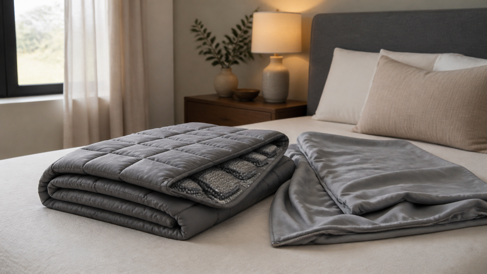 Weighted blanket folded to show its stitched pockets and removable cover