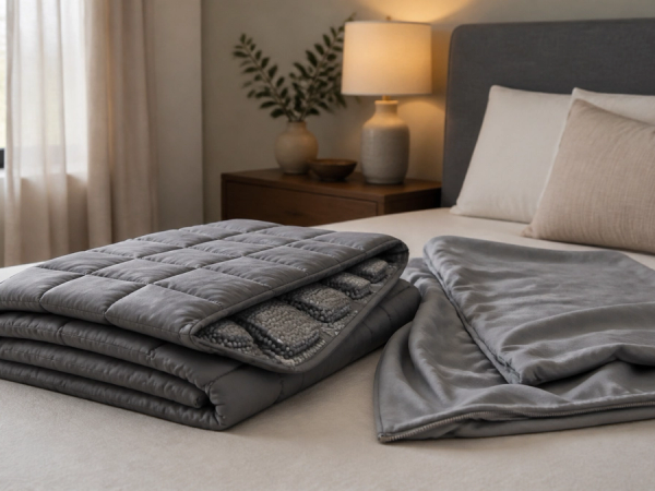 Weighted blanket folded to show its stitched pockets and removable cover