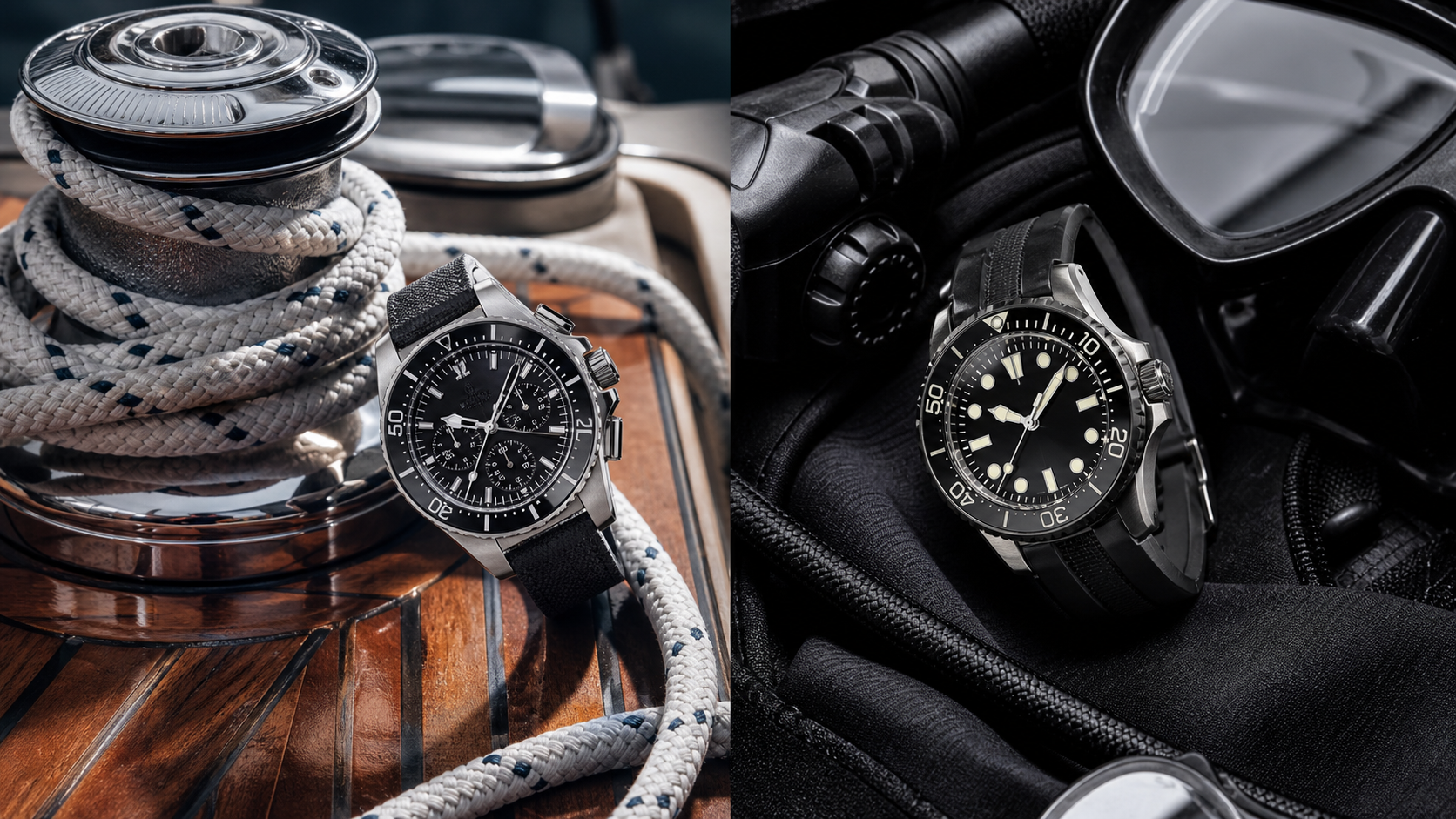 Two distinct unbranded luxury sports watches beside sailing and diving equipment