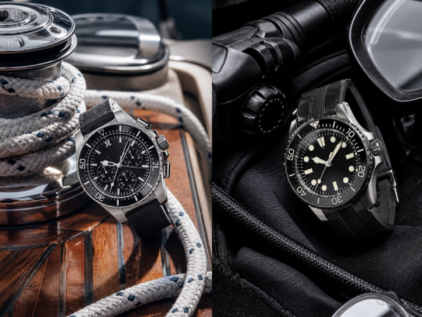 Two distinct unbranded luxury sports watches beside sailing and diving equipment