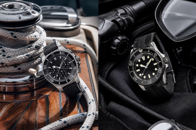 Two distinct unbranded luxury sports watches beside sailing and diving equipment