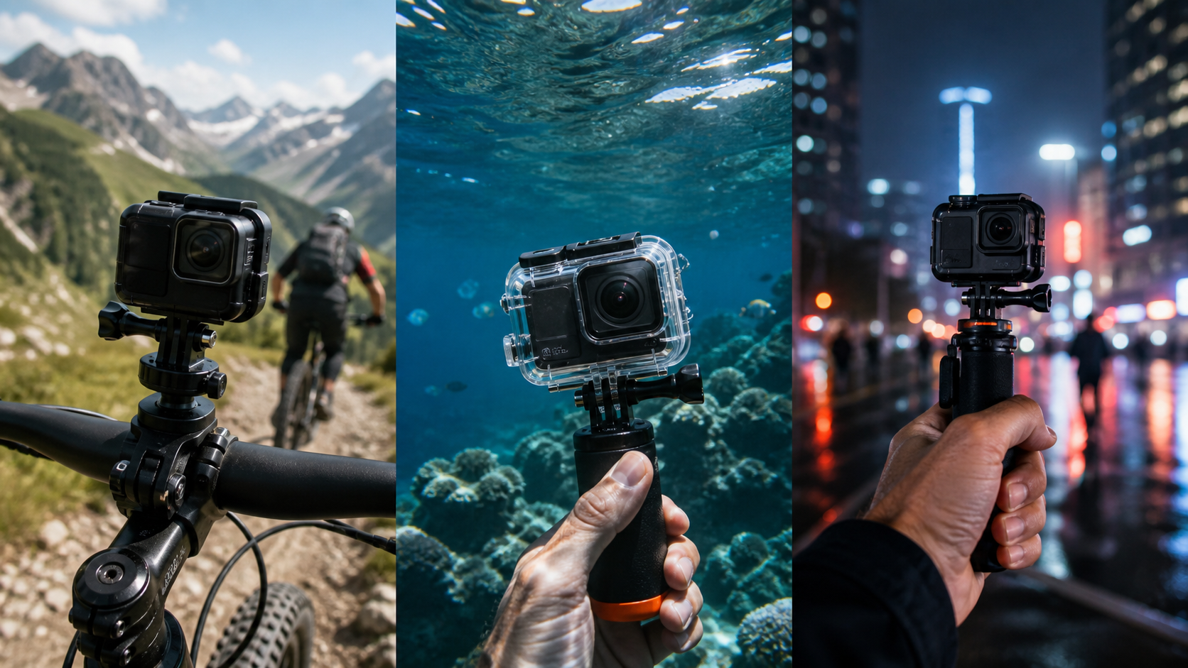 Action-camera setups for cycling, underwater use and night filming