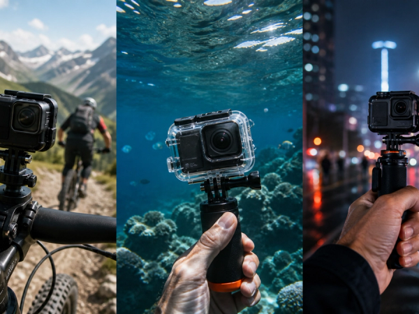 Action-camera setups for cycling, underwater use and night filming