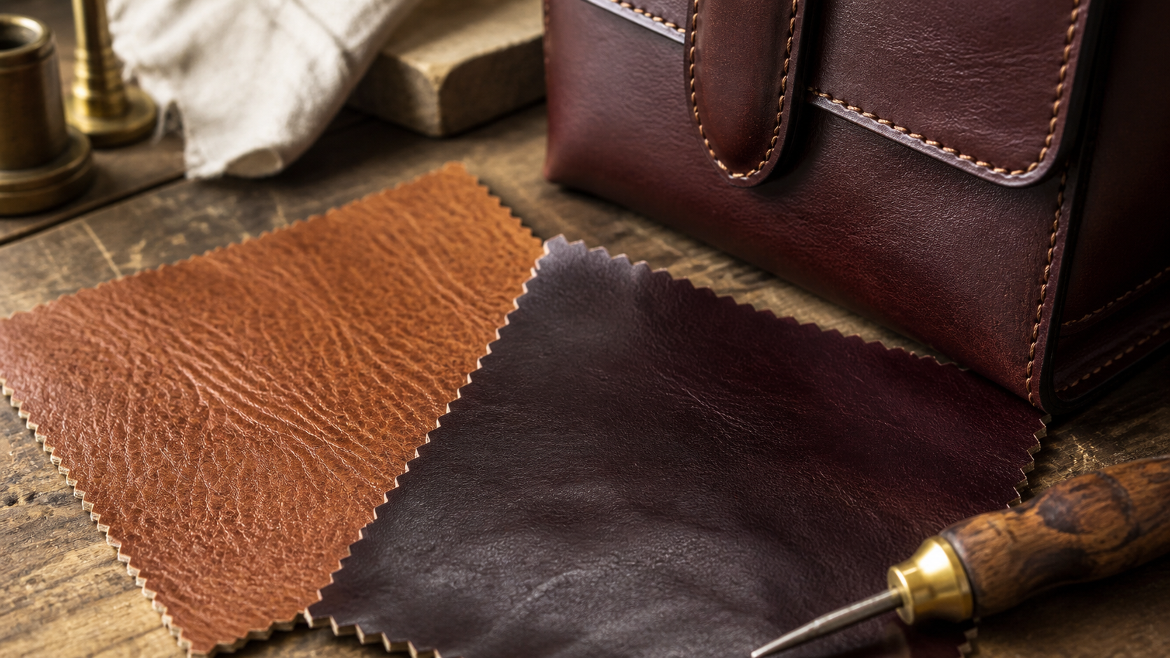 Leather grain and edge construction beside a luxury accessory