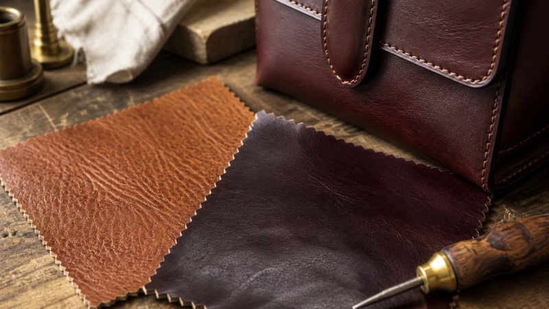 Leather grain and edge construction beside a luxury accessory