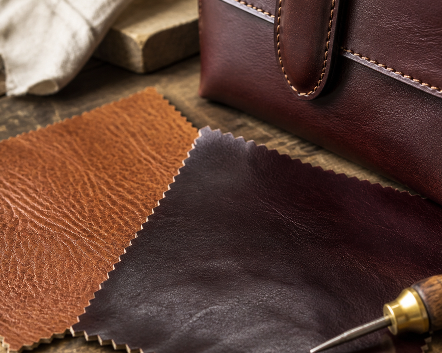 Leather grain and edge construction beside a luxury accessory