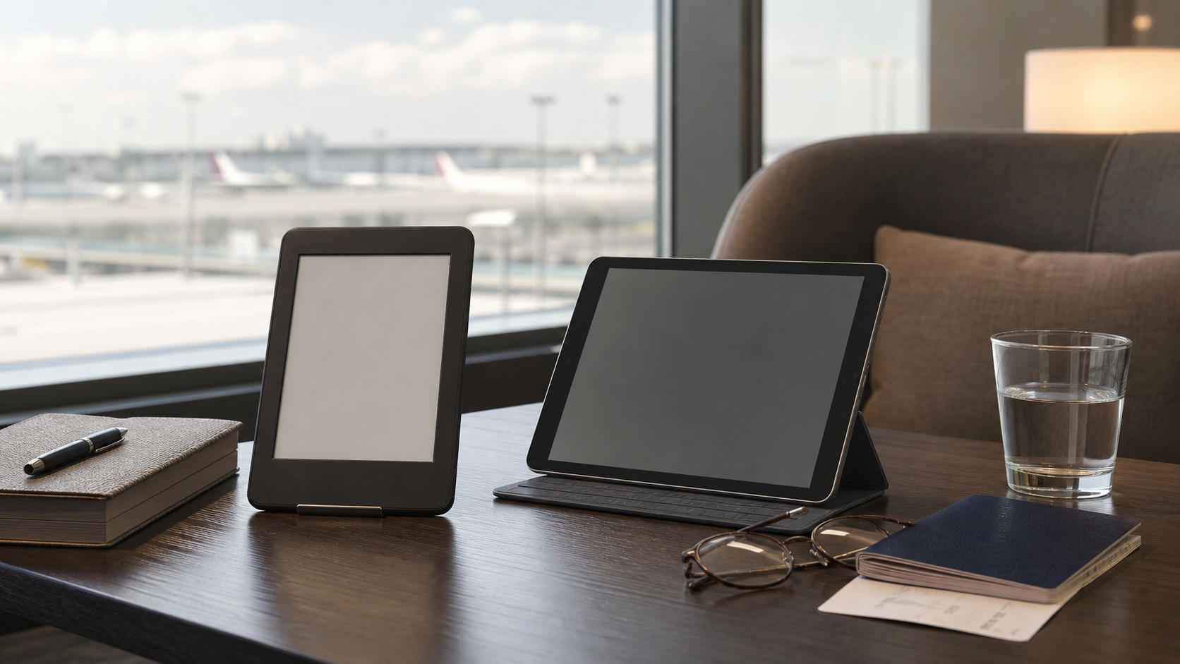 E-reader and tablet compared in a premium airport lounge
