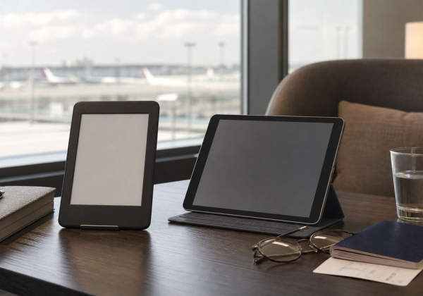 E-reader and tablet compared in a premium airport lounge