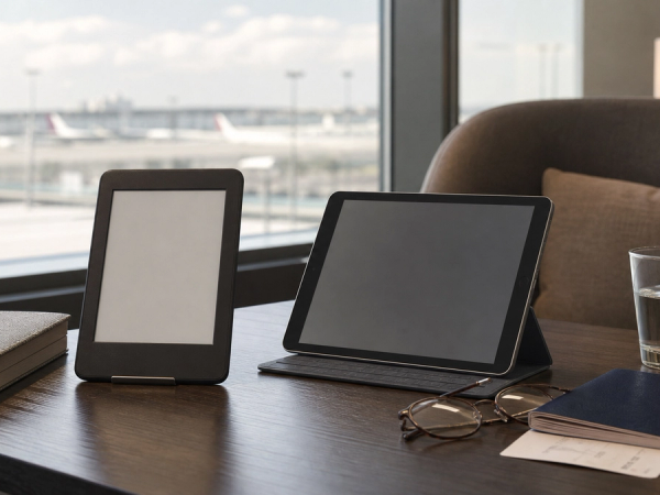 E-reader and tablet compared in a premium airport lounge