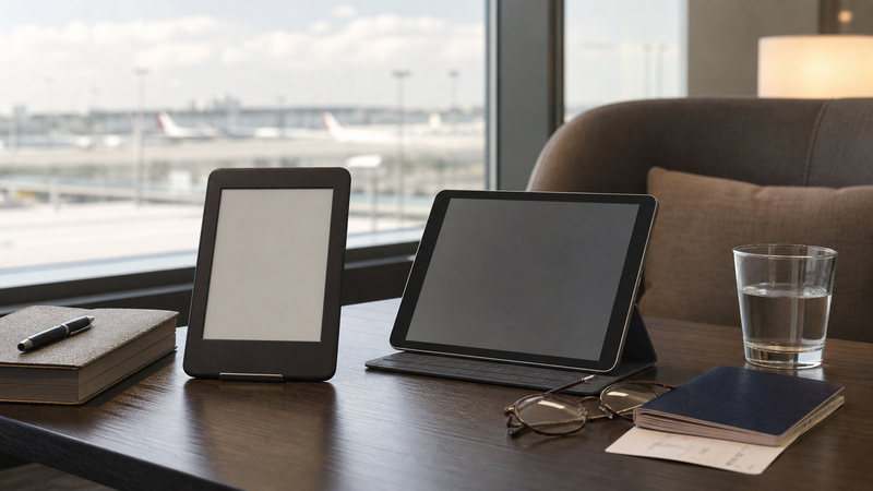 E-reader and tablet compared in a premium airport lounge