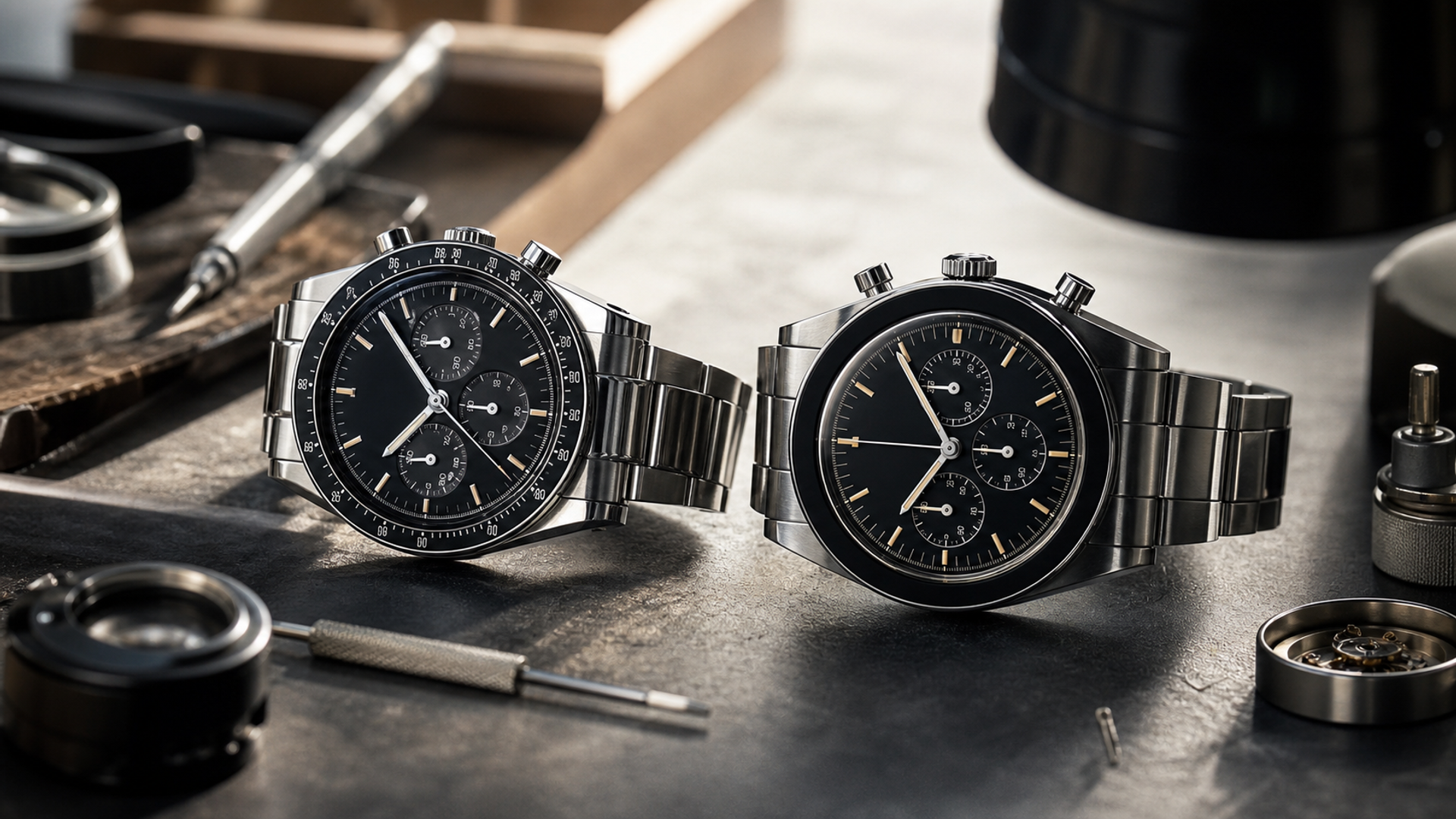 Racing-inspired and space-inspired steel chronographs compared on a timing desk