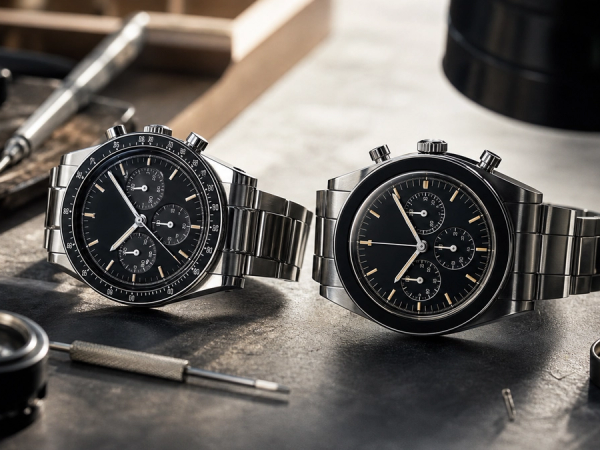Racing-inspired and space-inspired steel chronographs compared on a timing desk