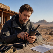 A traveller testing a satellite phone beside spare power and a printed emergency contact card