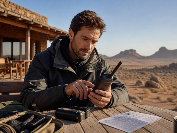 A traveller testing a satellite phone beside spare power and a printed emergency contact card