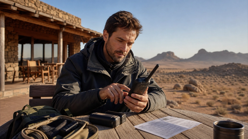 A traveller testing a satellite phone beside spare power and a printed emergency contact card