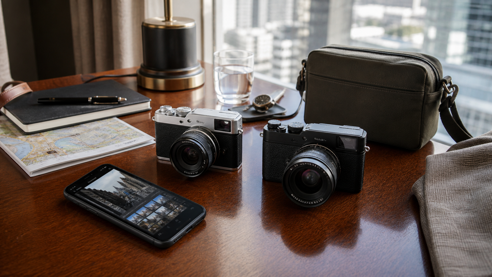 Compact, APS-C and full-frame travel camera kits beside a phone workflow